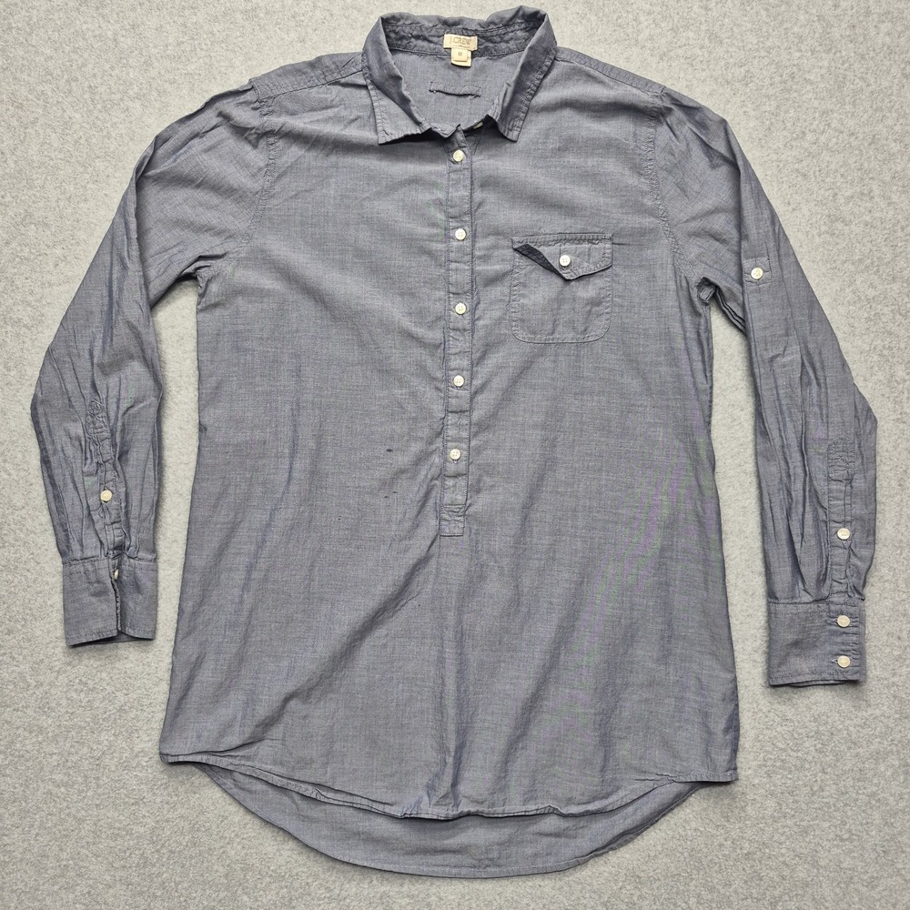 J.Crew Women's M Blue Chambray Popover Tunic Shirt Roll Tab Sleeve Cotton